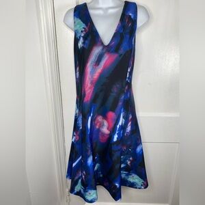 Donna Karan NWT Designer Fit & Flare  Blue and Pink Watercolor V-Neck Mini Dress